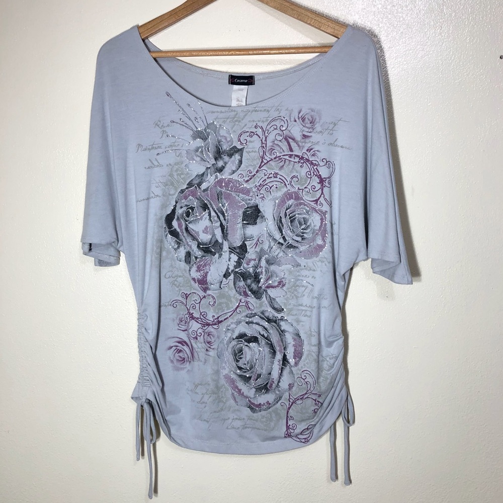 Cocomo Womens Floral Glitter Rose Doleman Top